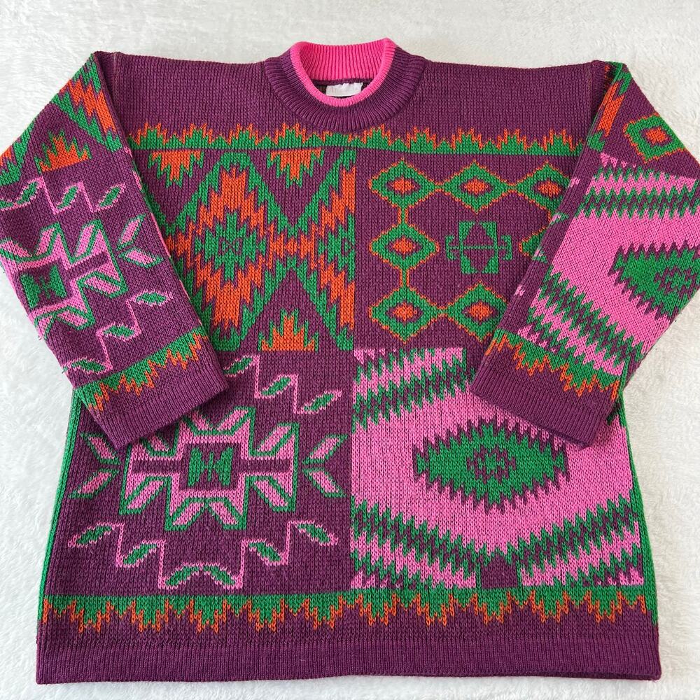 Altamoda Vintage Geometric Sweater Acrylic Women's  Size Large Purple pink '80s